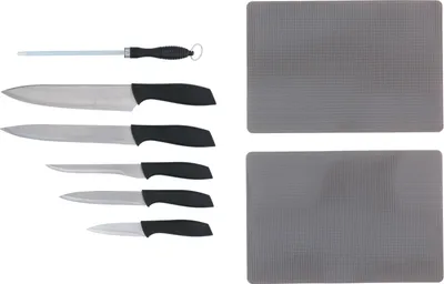 Produktbild von alpina Messerset - 8-Teilig - Kochmesser, Tranchiermesser, Ausbeinmesser, Universalmesser und Schälmesser - mit Messerschärfer - Schneidbretter