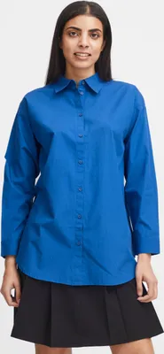 Produktbild von b.young BYGAMZE Damen Langarmshirt Langarmbluse Bluse Hemdbluse mit Stehkragen langer Schnitt mit Knopfleiste aus 100% Baumwolle Oversize