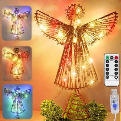 Weihnachtsbaumspitze Engel, LED, Timer, USB, Goldglitter, 29x21 cm