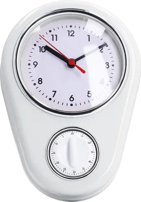 A white kitchen timer and clock mounted on a white background.