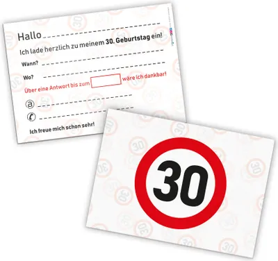Produktbild von itenga 12 x Postkarte Einladung "Verkehrszeichen 30" Geburtstag Party DIN A6
