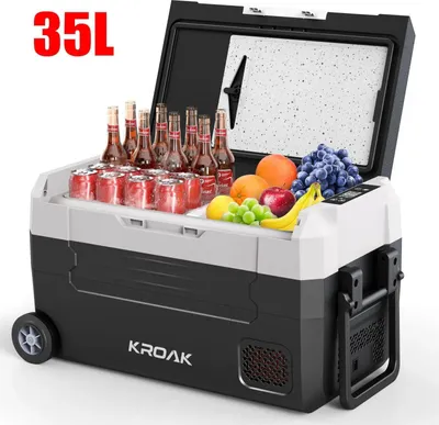 Image de Glacière portable à compresseur - Réfrigérateur de voiture 35 L - Congélateur à deux zones - 12/24 V CC - 220 V CA - Avec roulettes pour le camping et la voiture
