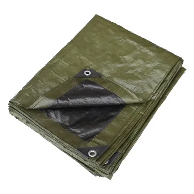 A folded green tarp with black reinforced corners and grommets, shown on a white background.
