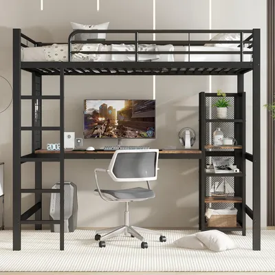 Obrázek produktu pro Postel na vyvýšený rám - 90 x 200 cm, černá, kov a MDF, s ochranou proti pádu, s úložným prostorem, s žebříkem, se stolem