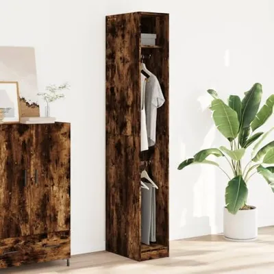 Image de Armoire, étagère à vêtements, meuble d'entrée, meuble de rangement pour chambre, salon ou couloir, en bois fumé, dimensions 30x50x200 cm