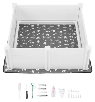 Obrázek produktu pro SucceBuy Porodní bedna pro psy, 122 x 122 x 46 cm, ohrádka pro štěňata z odolného plastu PVC s nastavitelnými dvířky a omyvatelnou podložkou, stabilní bedna pro štěňata velkých psů, mléčně bílá