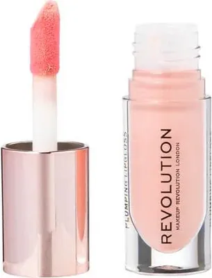 A close-up studio shot of a Revolution Pout Bomb plumping gloss in the shade Candy, with the applicator wand pulled out of the bottle.