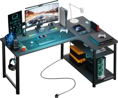 GTPLAYER Narożne biurko dla graczy z półką, portem ładowania USB i gniazdem (1 biurko), biurko komputerowe 120 cm w kształcie litery L, biurko PC do biura,