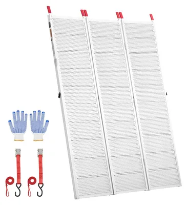 Image de Rampes de chargement VEVOR, en aluminium, 1935 x 1370 mm, pliables en trois parties, avec sangles, surfaces antidérapantes en caoutchouc et une capacité de charge de 680 kg. Idéales pour les camions, les remorques, les pick-ups, les motos, les tondeuses à gazon et les tracteurs