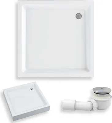 A white square shower tray and its drain assembly are displayed against a white background.