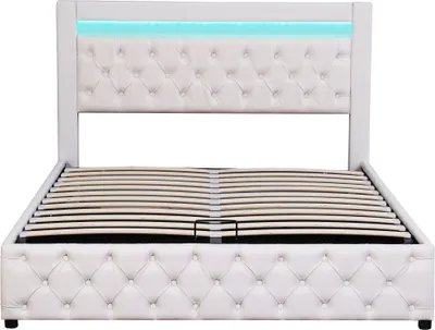 Produktbild von Polsterbett 160x200cm Doppelbett  (ohne Matratze) Weiß PolyurethanFunktionsbett Jugendbett Stauraumbett Mit Lattenrost und LED-Beleuchtung