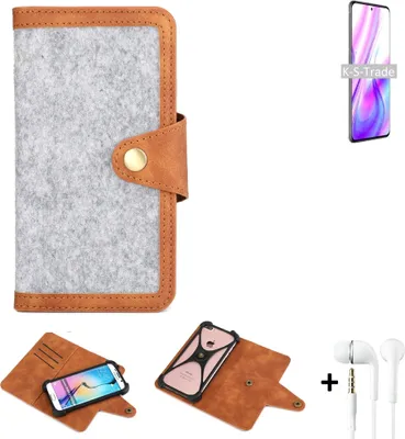 Produktbild von K-S-Trade Handyhülle + Kopfhörer kompatibel mit ZTE S30 Pro Schutzhülle Filz Hülle Kunstleder hellgrau braun (1x)