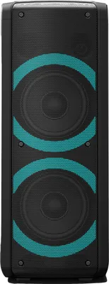 A front view of a tall, black portable Bluetooth speaker with two large teal-colored curved accents.
