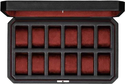 Immagine prodotto di Scatola portaorologi in pelle, 12 scomparti, nera/rossa, grande, con coperchio in vetro