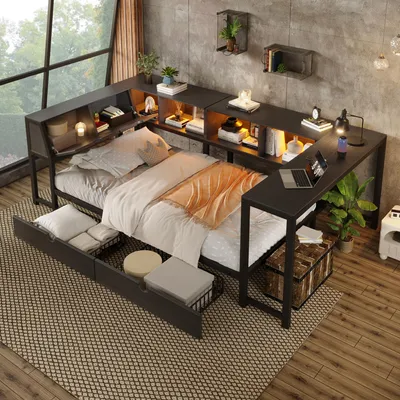 Produktbild von STILVORA Metallbett 90x200cm mit Stauraum-Kopfteil, Multifunktionsbett mit LED-Beleuchtung und Schreibtisch, Bett mit Schubladen