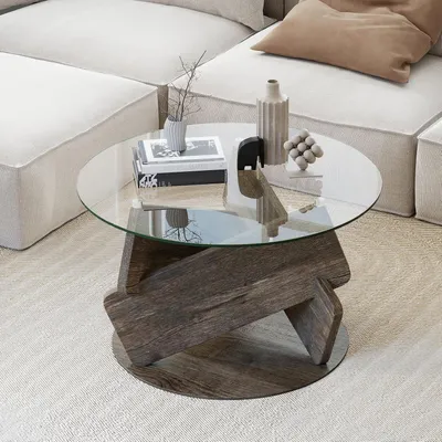 Image de Table basse - Table ronde - Table de salon - Table d'appoint - Table de café - Verre trempé - Pieds en bois massif