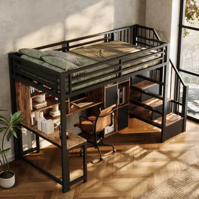 Image de Lit superposé en métal avec armoire intégrée, étagère et éclairage LED, lit pour enfants et adolescents gain de place, sans matelas, dimensions 90 x 200 cm, couleur noire