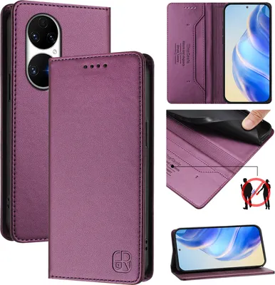 Produktbild von Lederhülle für Huawei P50 Hülle Flip Brieftasche Kartenfächern Ständer Schutzhülle Lila
