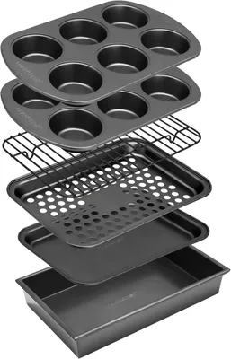 Productafbeelding van Bakset voor toasteroven - 6-delig - Stapelbare anti-aanbak muffinvormen - Braadslee & bakplaten - Duurzaam Carbonstaal