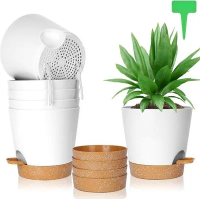 Image de 6 pots de fleurs en plastique auto-irrigués - 20 x 19 cm avec soucoupe et étiquettes pour plantes - système d'irrigation pour plantes d'intérieur et de balcon