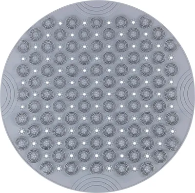 A round, gray shower mat with a textured surface.