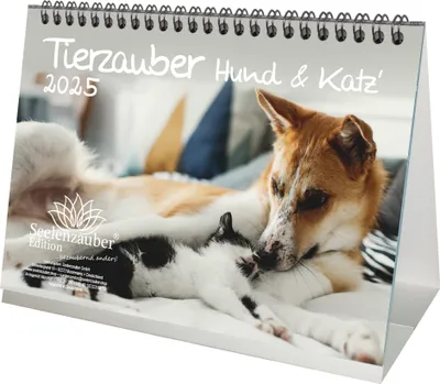 Produktbild von Tierzauber Hund und Katz' DIN A5 Tischkalender für 2025 Hunde Katzen und ihre Freundschaften - Seelenzauber
