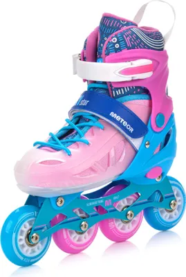 Produktbild von Meteor Loky Kinder-Inlineskates – Verstellbar, LED-Rollen, ABEC-7 Lager, stabil und komfortabel – Pink/Blau, Größe M 34-37