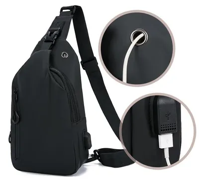 Obrázek produktu pro Pánská taška – hrudní brašna, taška přes rameno – nylon – USB nabíjecí port – 3 přihrádky na zip – pro outdoorové a volnočasové aktivity – černá barva