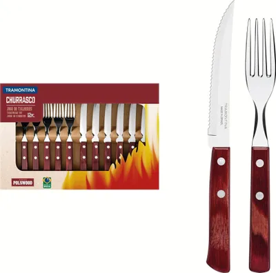 Produktbild von Steakbesteck Steakgabel Steakmesser Set Jumbo Pizzabesteck, brauner Holzgriff ( 12 -tlg. ) 6 Personen Edelstahl , , rostfrei, spülmasc
