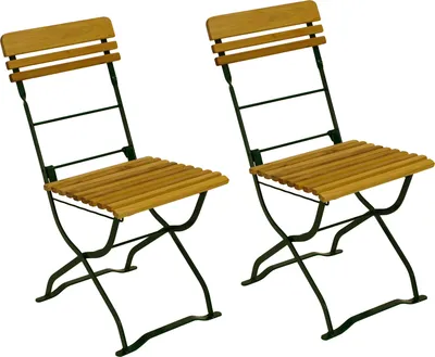Two wooden and metal folding chairs are shown against a white background.