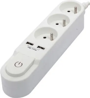 Produktbild von CHACON Steckdosenleiste mit Schalter, 3 Steckdosen (16 A) und 2 USB-Anschlüsse (2 A), 1,5 m Kabel – Weiß