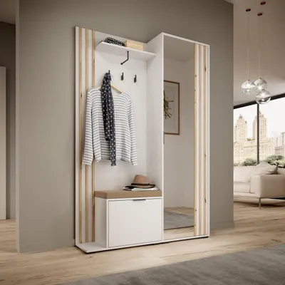 Produktbild von Garderobenset Flur mit Kleiderschrank und Spiegel ELIA Flurgarderobe mit Spiegel und Schuhschrank Garderoben-Set mit Kleiderhaken, Farbe: Weiß mit Sitzkissen