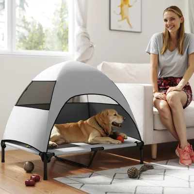 Produktbild von Hundeliege Outdoor mit Dach, erhöhtes Hundebett mit Sonnenschutz, Stahlrahmen, atmungsaktiv, Hellgrau | 91 x 76 x 90 cm | bis 30 kg | 18 cm erhöht