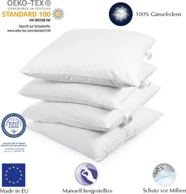Produktbild von 4er Set  | Kopfkissen 80x80 cm | Füllung: 1500 Gramm Federn, Gänsefedern | 100% Natur Kissen | Bezug: 100% Baumwolle | Federkissen 80 x 80 cm |