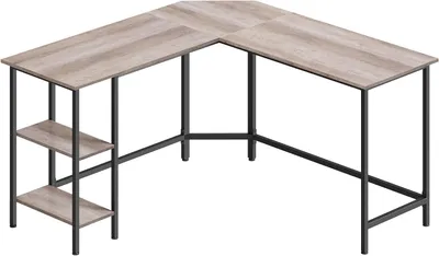 Immagine prodotto di Scrivania angolare - Scrivania per computer - Tavolo per l'ufficio domestico - Con ripiani portaoggetti - 138 x 138 cm - Grigio e nero