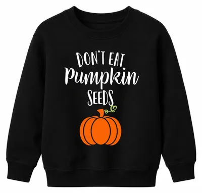 Zdjęcie produktu dla Nie jedz pestek dyni. Halloween. Święto zbiorów. Słodkie dzieci. Bluza z kapturem, czarna, rozmiar 152