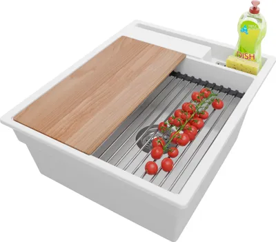 Produktbild von PRIMAGRAN Spülbecken Weiß 43x53cm, Granitspüle 1 Becken + Ablauf-Set + Küchenzubehörset, Küchenspüle ab 45er Unterschrank - Oslo Pocket