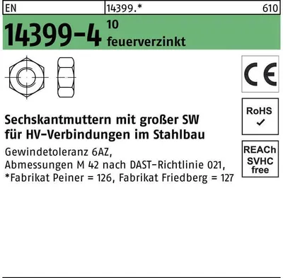 Produktbild von Peiner Umformtechnik Sechskantmutter EN 14399 M 12 x 1,75 Stahl feuerverzinkt