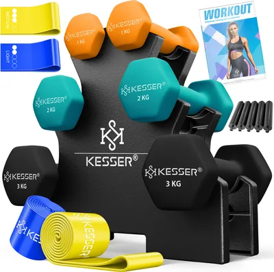 Produktbild von KESSER® Hanteln 3 Paar (2x 1,2,3kg) = Gesamt 12kg | Kurzhanteln Set mit Ständer | Fitness Hantel | Hantelset mit Übungsheft, 2x Fitnessbänder Orange