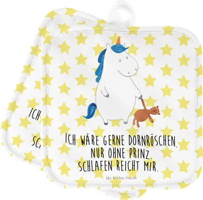 Produktbild von Mr. & Mrs. Panda Topflappen Einhorn Teddy - Weiß - Geschenk, Unicorn, Freundin, Single, Bett, topfhalter, Einhörner, Set, Ofenlappen, Gute Nacht, Topfuntersetzer