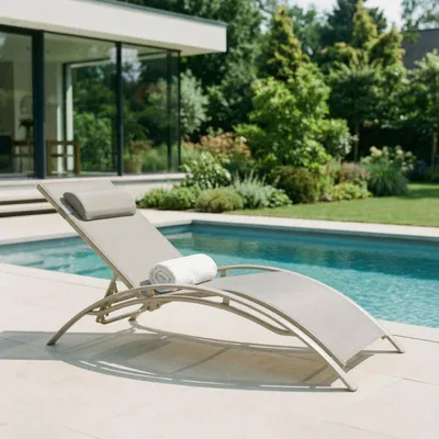 Produktbild von Gartenliege RELAX mit verstellbarer Rückenlehne und Kissen, Champagner – wetterfeste Sonnenliege, klappbar für Balkon oder Terrasse, Aluminiumgestell und Textilene, pflegeleicht und komfortabel