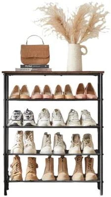 Image de Étagère à chaussures à 5 niveaux pouvant accueillir 12 à 16 paires de chaussures - Marron vintage et noir - 75 x 30 x 91 cm