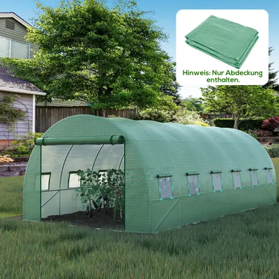 Produktbild von Gewächshausfolie UV-beständig, Folientunnel Ersatzfolie, PE-Folie Abdeckplane, Grün | 600 x 300 x 200 cm | 12 Rollfenster | Rolltür mit Reißverschluss
