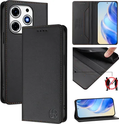 Obrázek produktu pro Kožené pouzdro pro Tecno Spark 10 Pro Magic, flipové pouzdro s přihrádkami na karty, peněženkou a stojánkem Černý