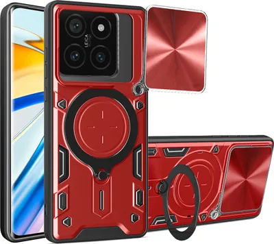 Immagine prodotto di Custodia per Xiaomi 14T Pro custodia resistente a doppio strato con copertura della fotocamera e supporto ad anello Rosso