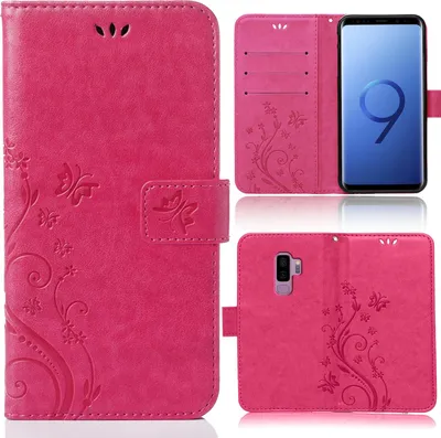 A collage of images showing a pink flip phone case with a floral and butterfly design, including views of the case open and closed, and a phone inside.