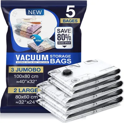 Produktbild von Vakuumbeutel für Bettdecken 5 Stück 3 Jumbo 100x80cm 2 Groß 80x60cm - Vakuumbeutel für Kleidung, Wiederverwendbar als Solche Aufbewahrungstasche, ideal für Reise und Alltag