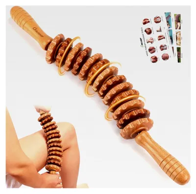 Produktbild von Faszienrolle aus Holz mit Griff, Massageroller für Maderotherapie und Lymphdrainage, 42,2 cm, 350 g Buche
