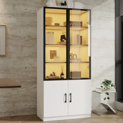 Produktbild von okwish Multifunktional Vitrine mit mehrstufigem Stauraum und LED, hohes Sideboard mit zwei Glastüren, Aufbewahrungsschrank in Weiß