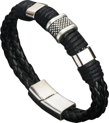 Produktbild von Modisches Herren-Armband aus zweilagigem geflochtenem Kunstleder mit Magnetverschluss als Geschenk-Schwarz